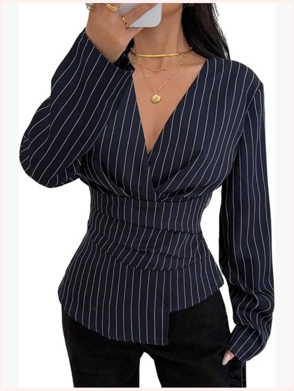 Striped Wrap Top Long Sleeve V Neck Dressy Casual Work Shirt Blouse